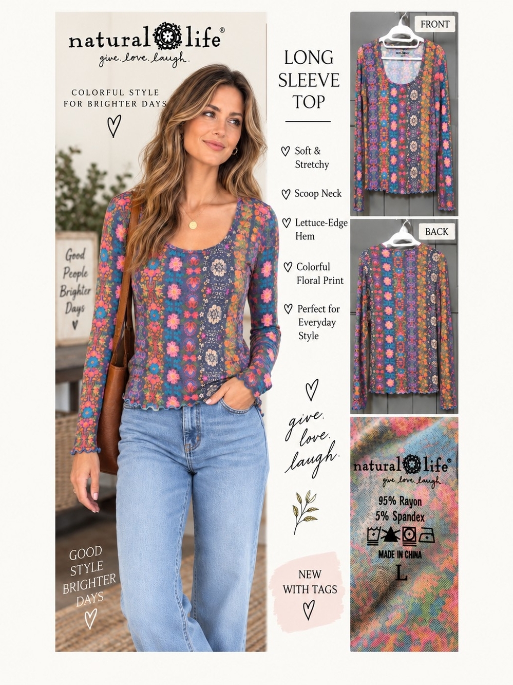 Natural Life Floral Long Sleeve Top L NWT Boho Stretch